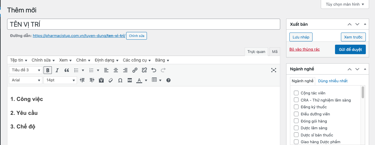 Form nhập nội dung tin tuyển dụng